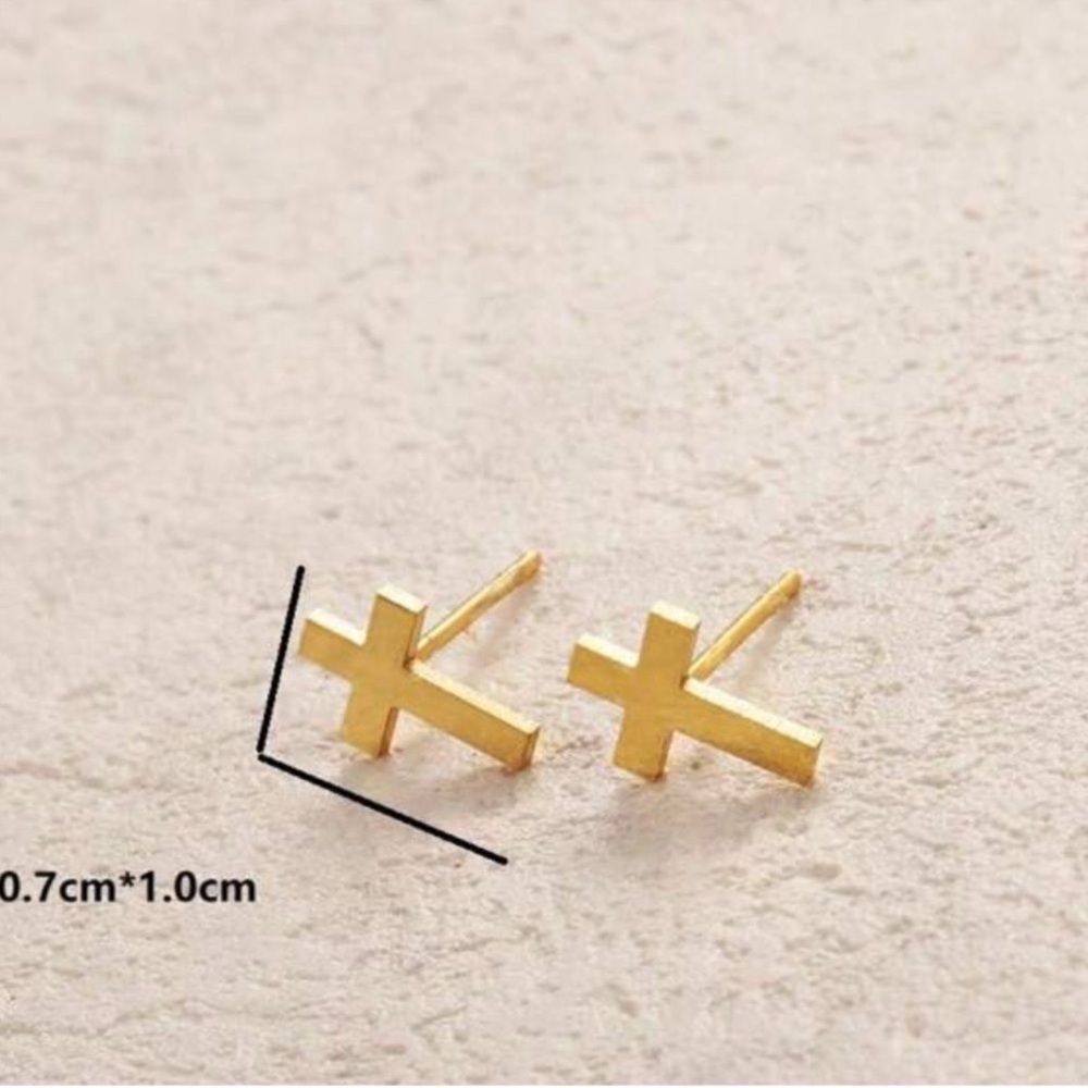 Gold Plated Stainless Steel Cross Stud Earrings - Picture 4 of 4